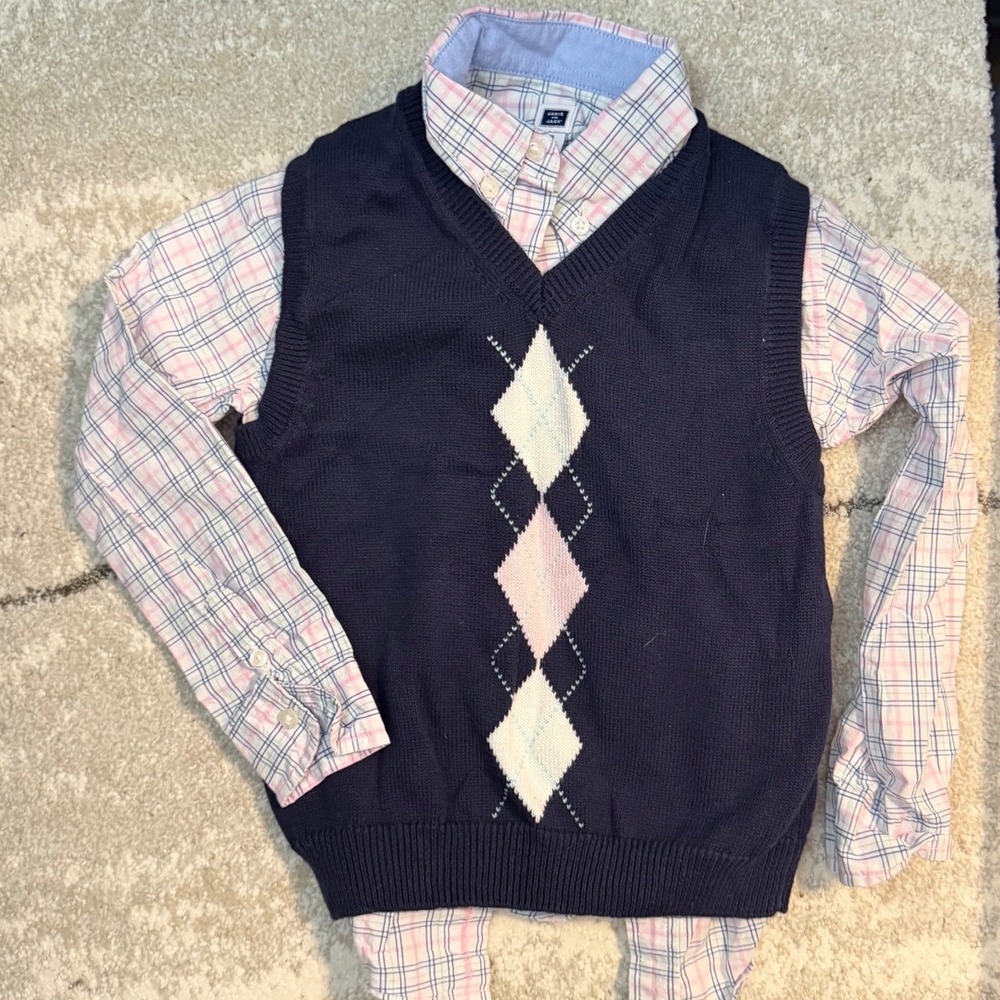Janie and Jack Boys Argyle Sweater Vest and Plaid Button Up‎ Shirt Set Size 5